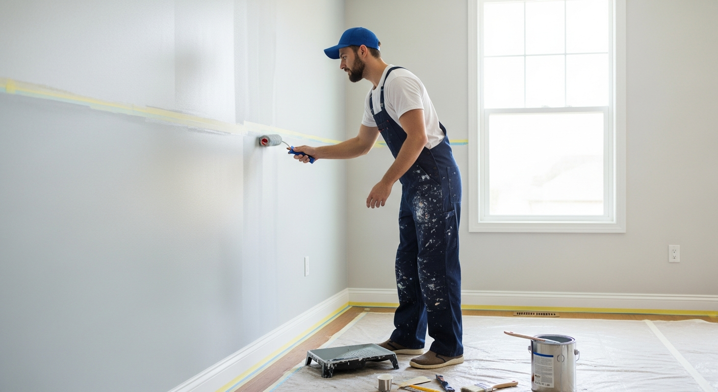 Professional painter carefully cutting in at ceiling line