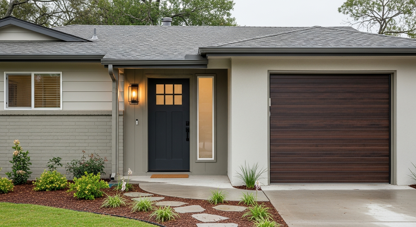 Ranch house updated entry, garage door, and landscaping