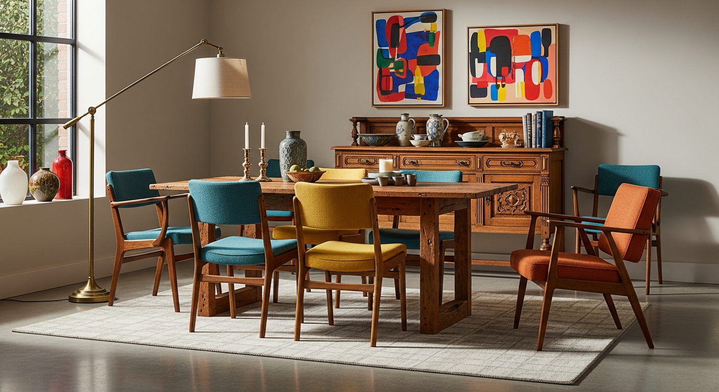 Curated vintage furniture pieces with reclaimed wood in a modern room