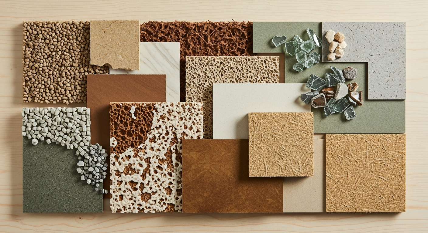 Display of innovative sustainable materials including mycelium panels, bio-based composites, and hemp fiber boards