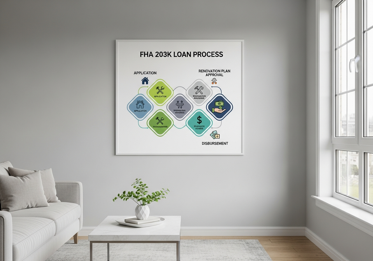 FHA 203k loan process diagram showing application through disbursement steps