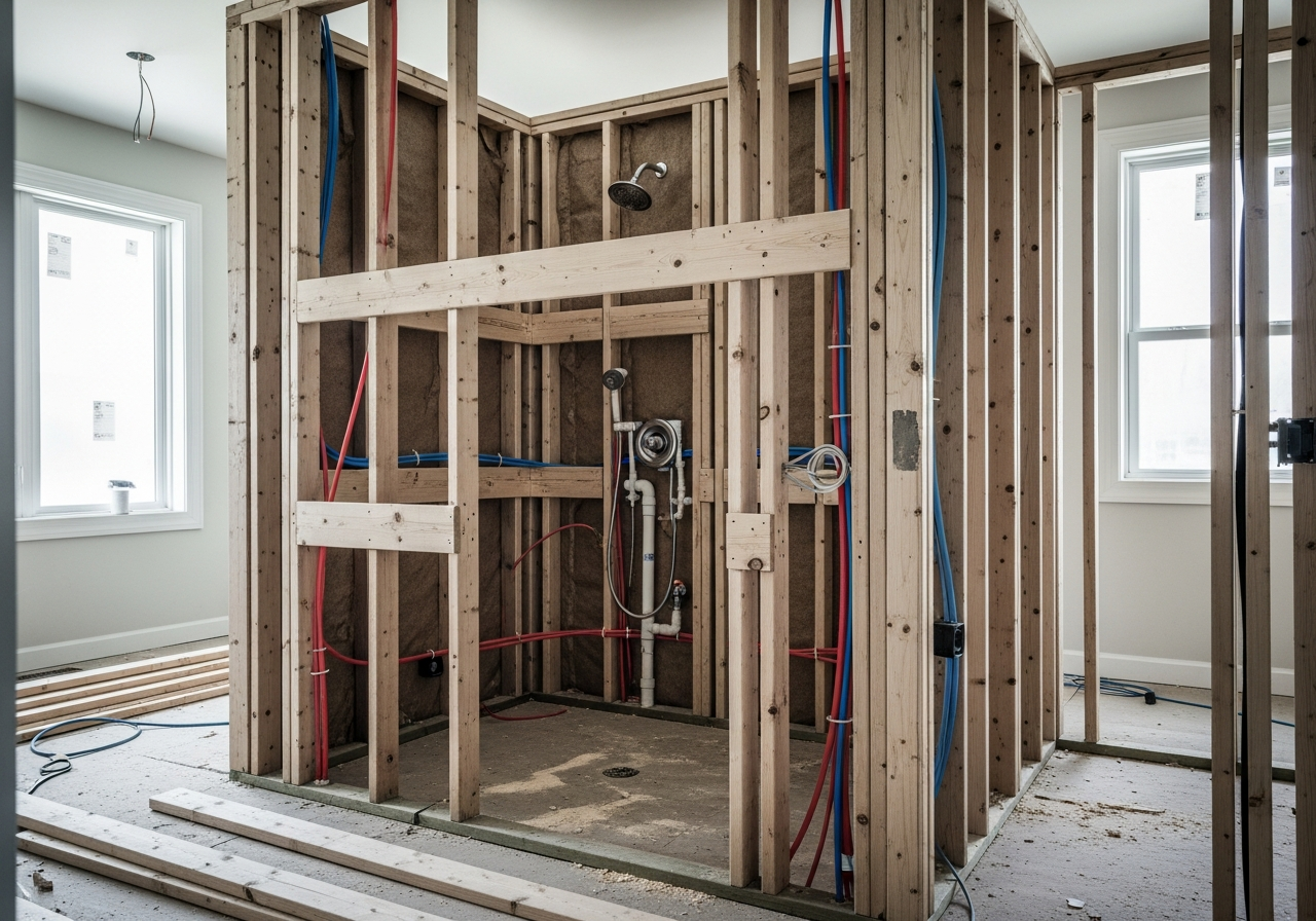 Exposed shower framing with blocking installed and new PEX plumbing lines