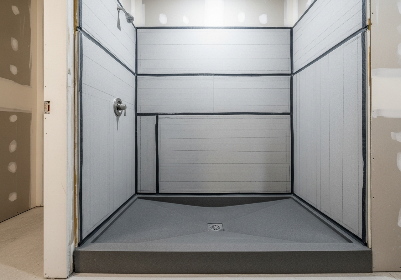 Waterproofing membrane applied to shower walls with pre-sloped foam shower pan