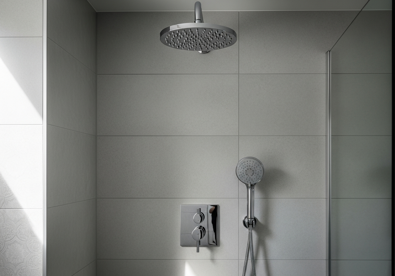 Shower fixture installation with thermostatic valve trim and rain showerhead