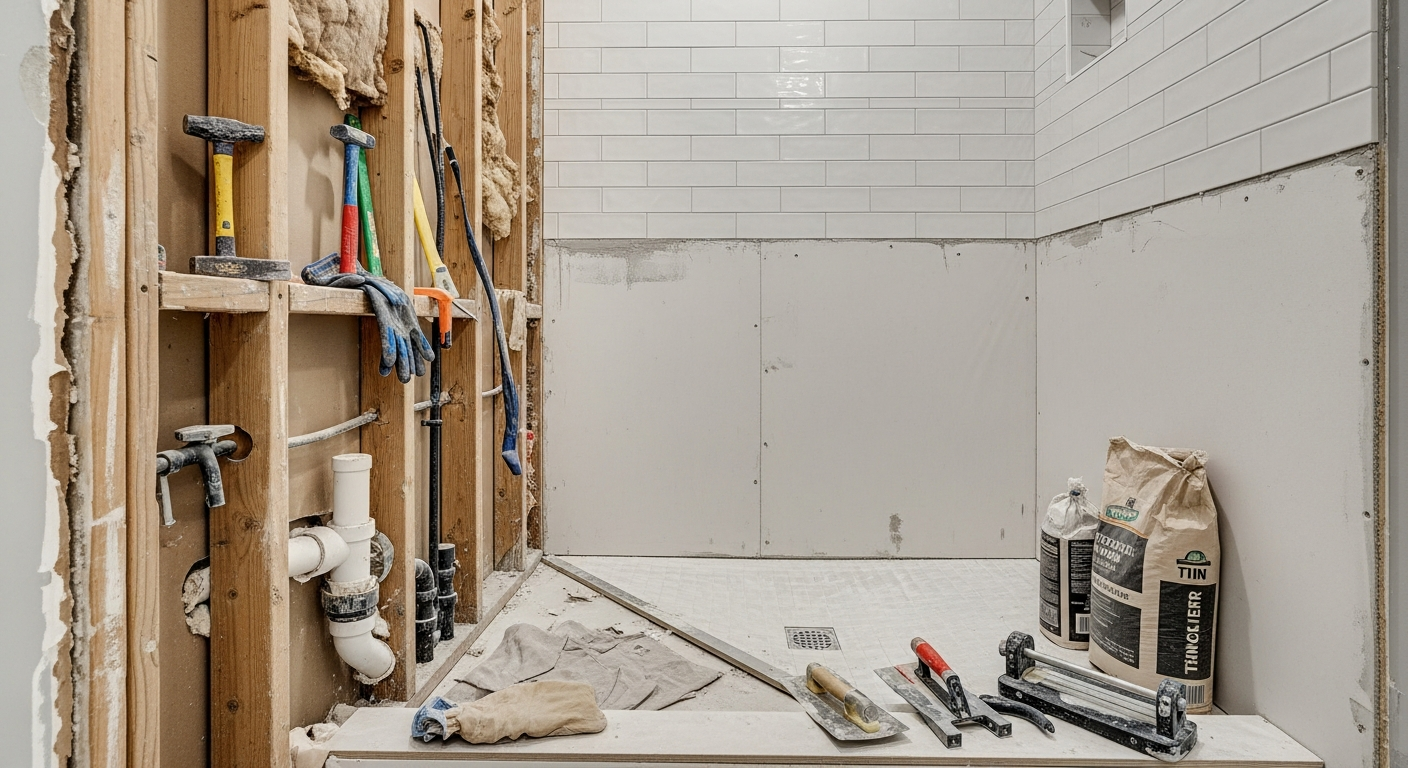 Completed custom tile shower remodel with frameless glass door and linear drain