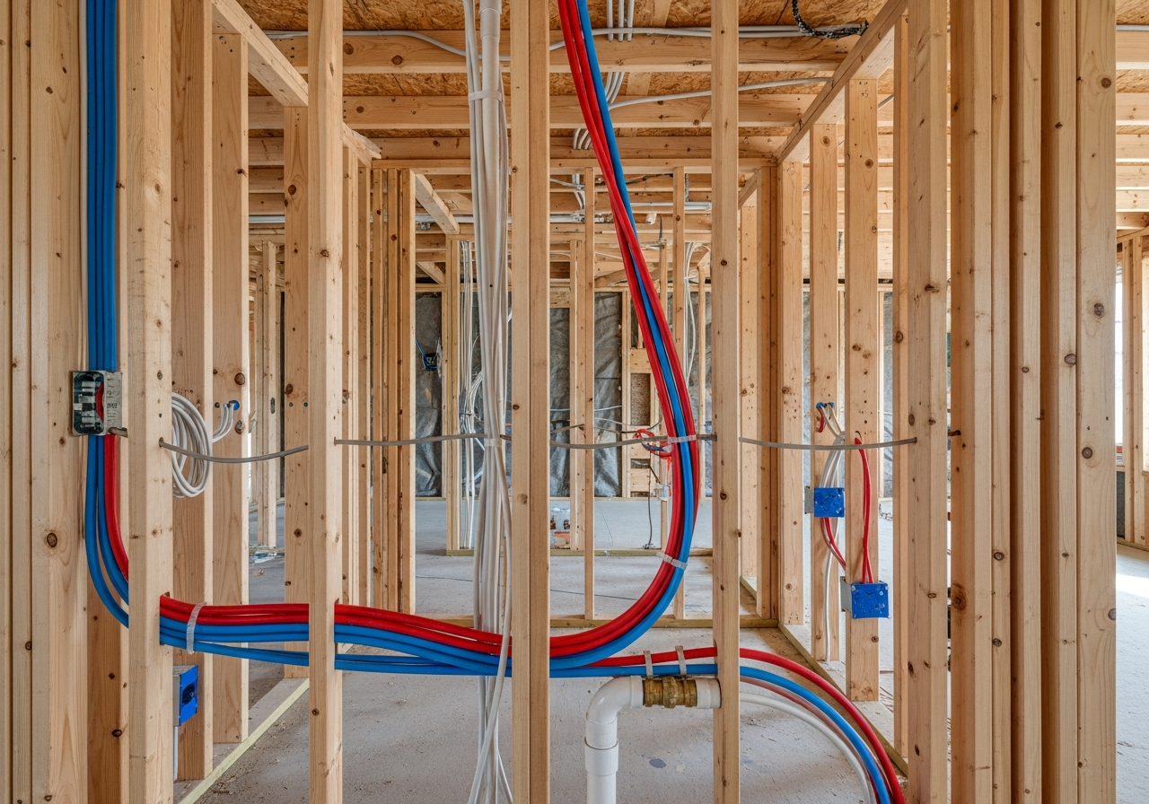 Mechanical systems rough-in showing new electrical wiring and PEX plumbing in open walls