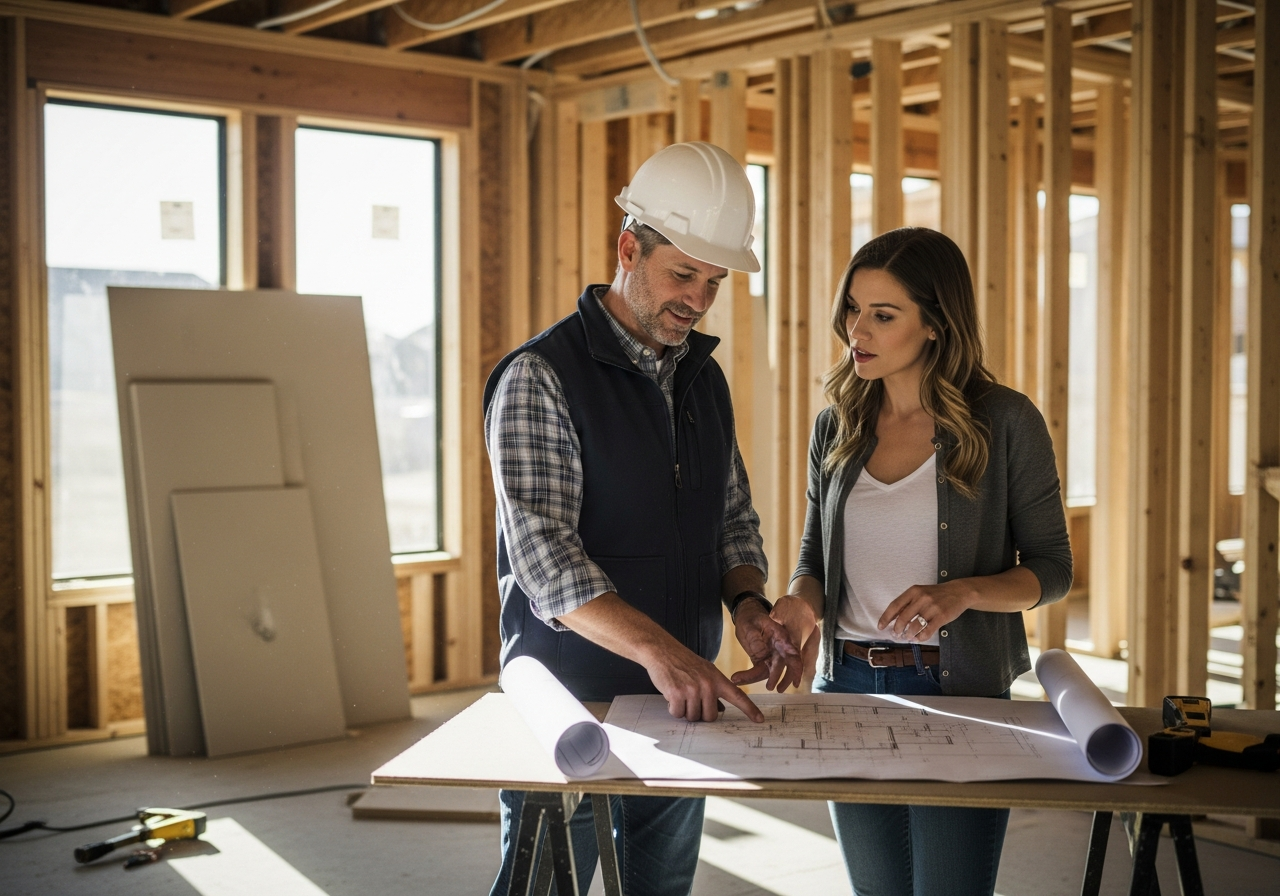 General contractor reviewing blueprints with homeowner at a whole-house remodel site