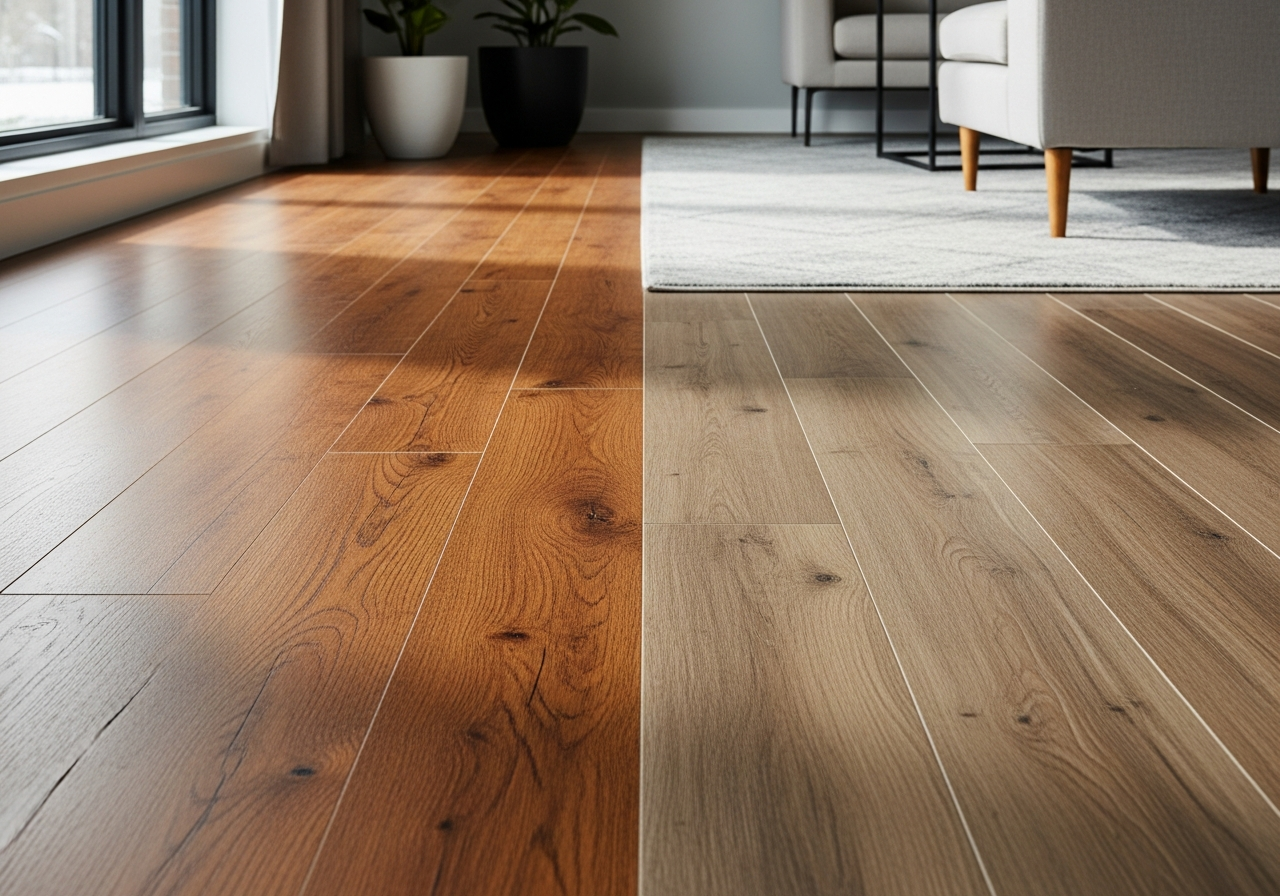 Comparison of living room flooring materials including hardwood and luxury vinyl plank