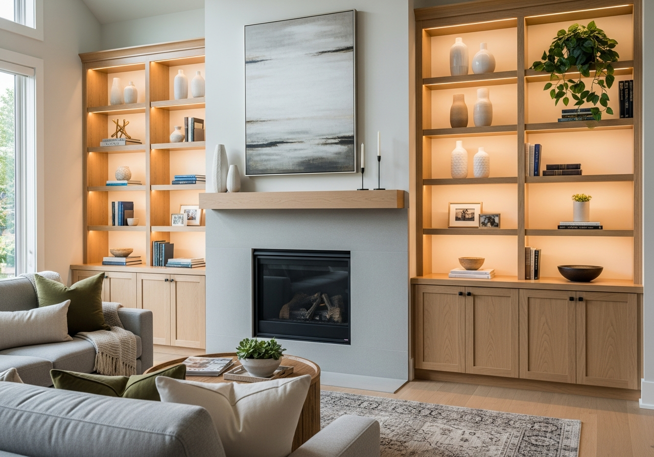 Custom built-in shelving flanking a living room fireplace with integrated lighting