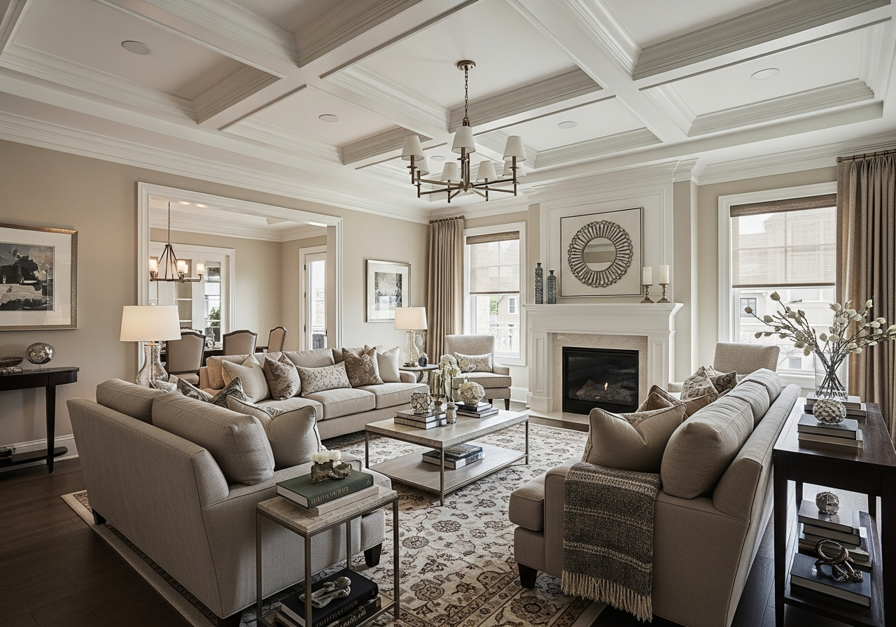 Living room with coffered ceiling and crown molding adding architectural character