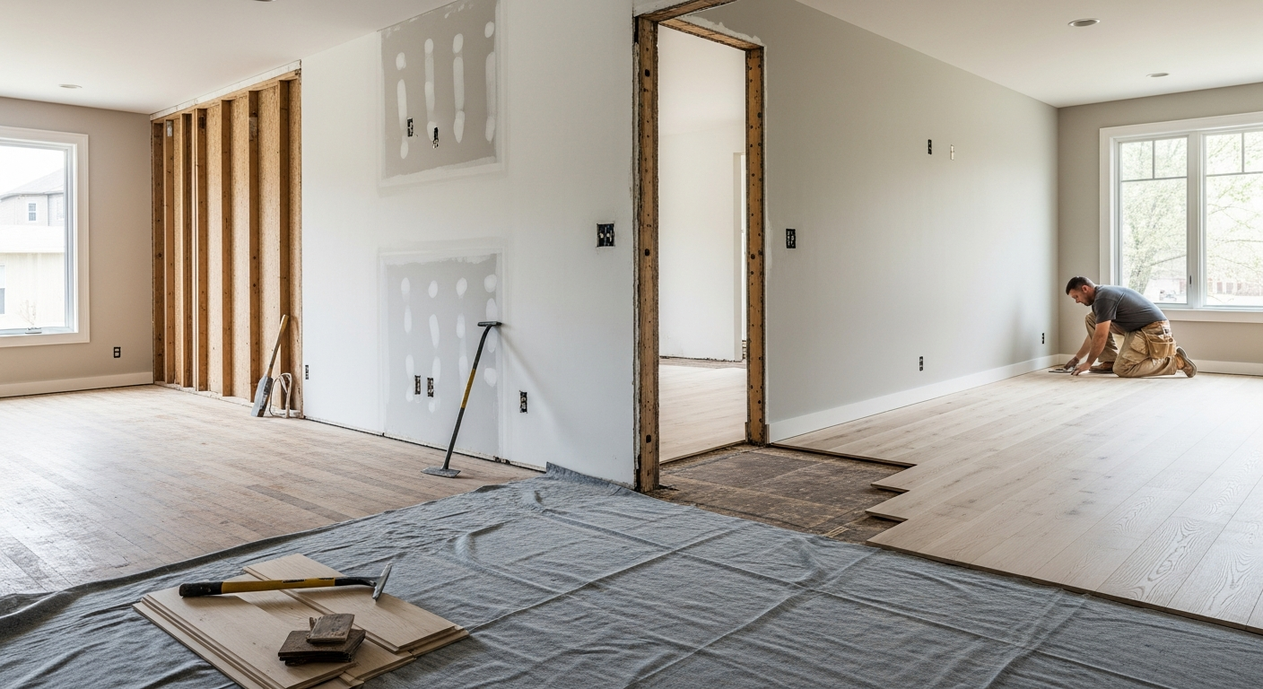 Modern remodeled living room with hardwood floors and built-in shelving