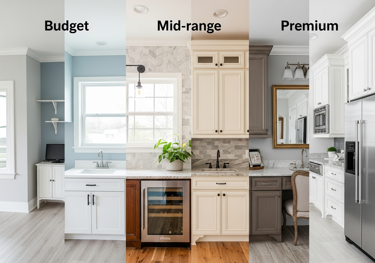 Three-tier comparison of budget, mid-range, and premium remodel finish levels