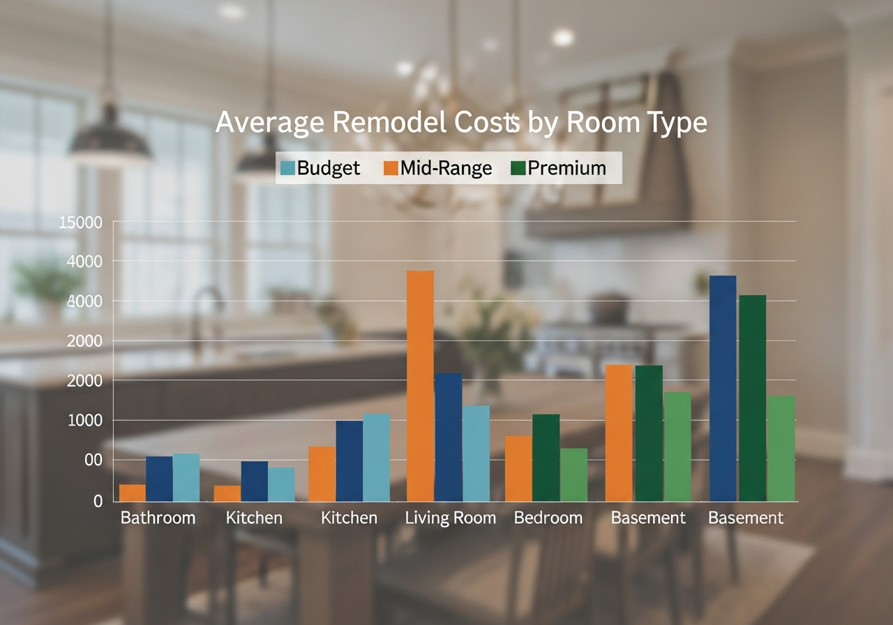 Bar chart showing average remodel costs by room type for budget, mid-range, and premium tiers