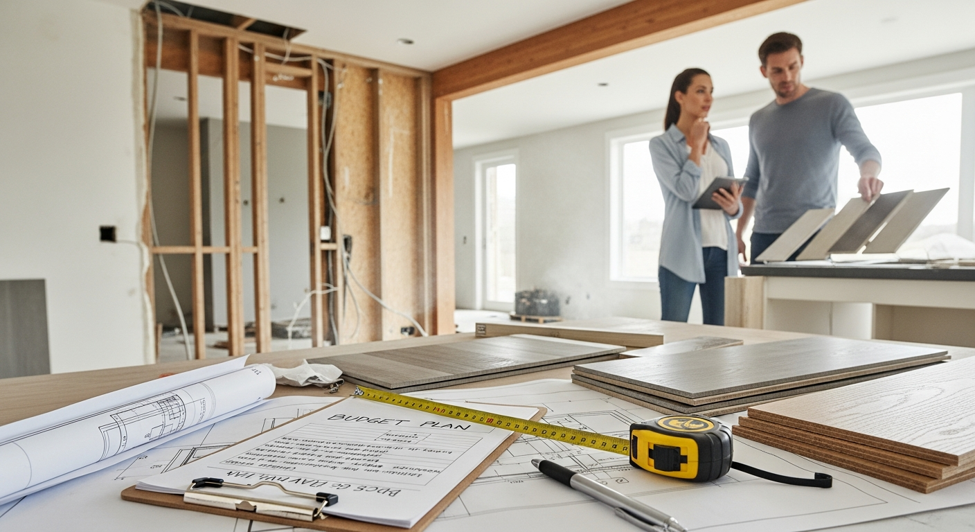 Spreadsheet and calculator showing remodel budget planning with cost categories