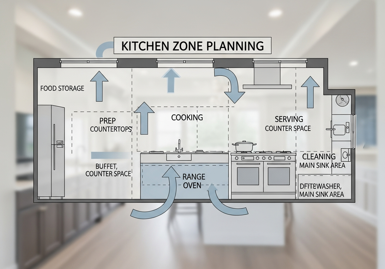 Kitchen zone planning diagram showing five functional zones with traffic flow arrows
