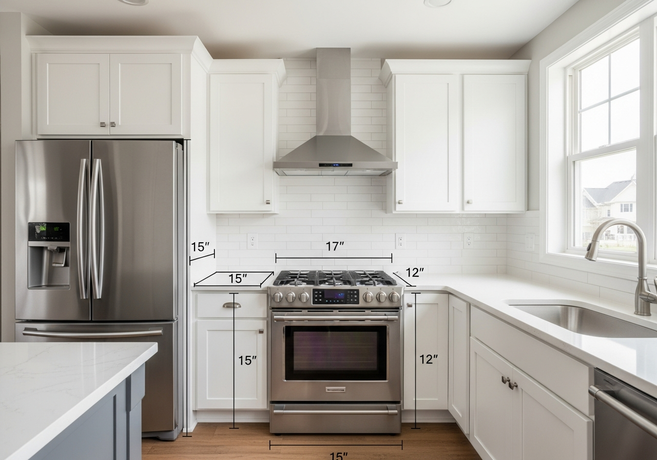 Kitchen appliance placement diagram showing clearance measurements around range and refrigerator