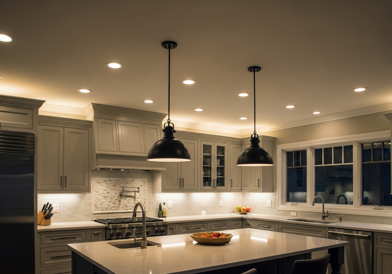 Kitchen lighting plan showing under-cabinet task lights, recessed ambient lights, and pendant accents