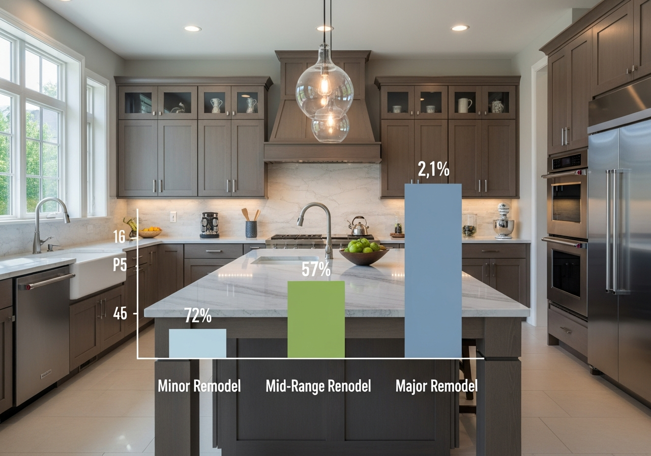 Kitchen remodel ROI bar chart comparing minor, mid-range, and major renovation returns