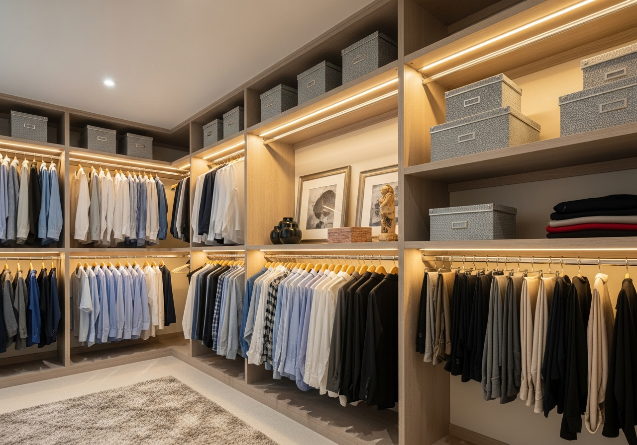 Expanded bedroom closet with custom shelving and double-hang rod system