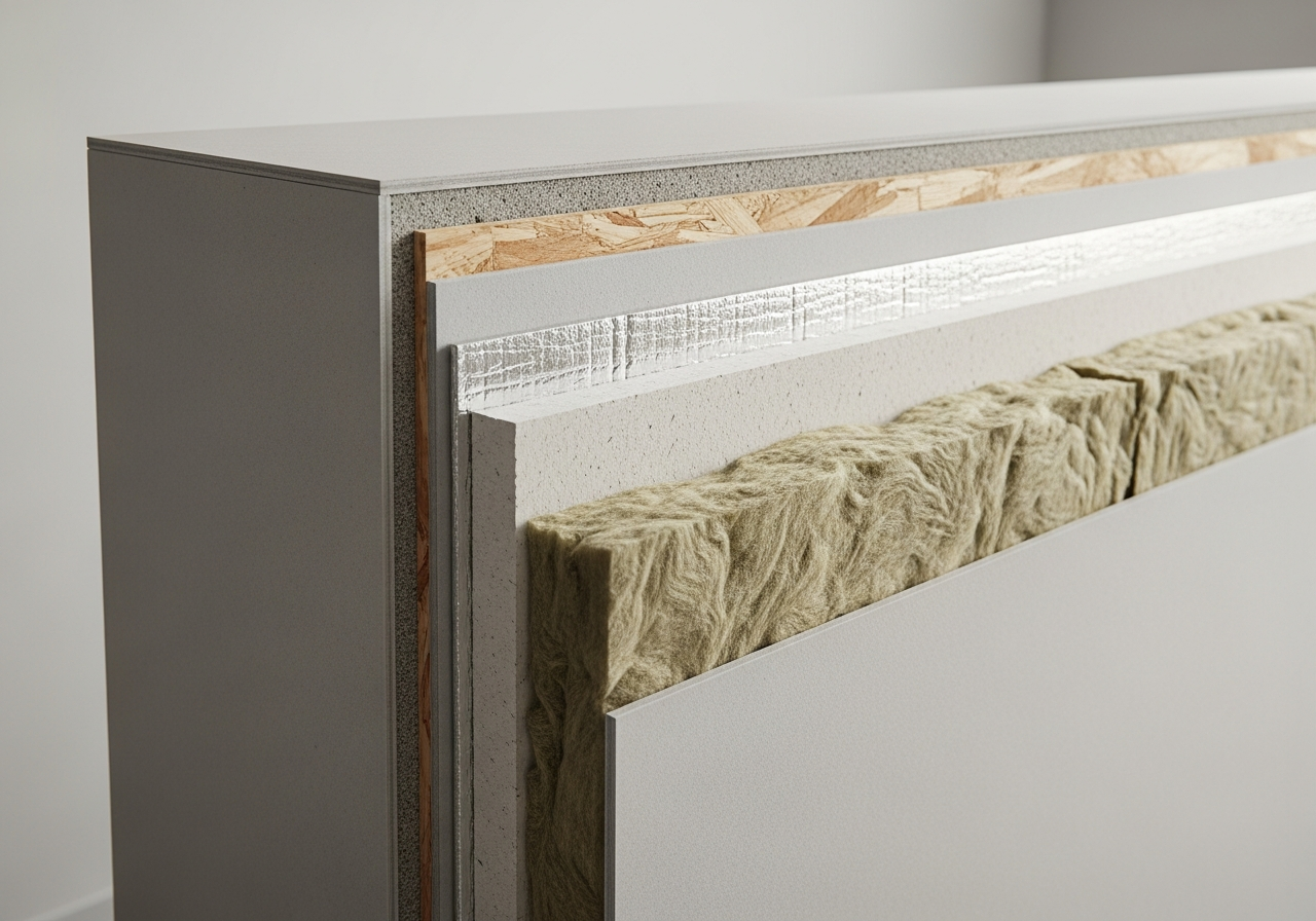 Cross-section showing bedroom wall insulation layers for sound and thermal performance