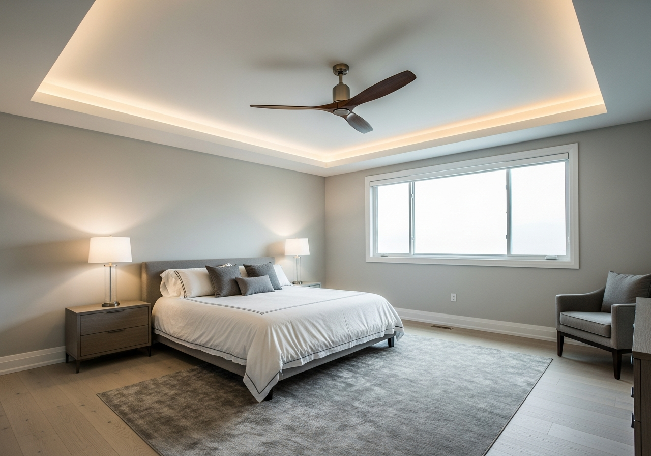 Bedroom with modern ceiling fan and tray ceiling with cove lighting