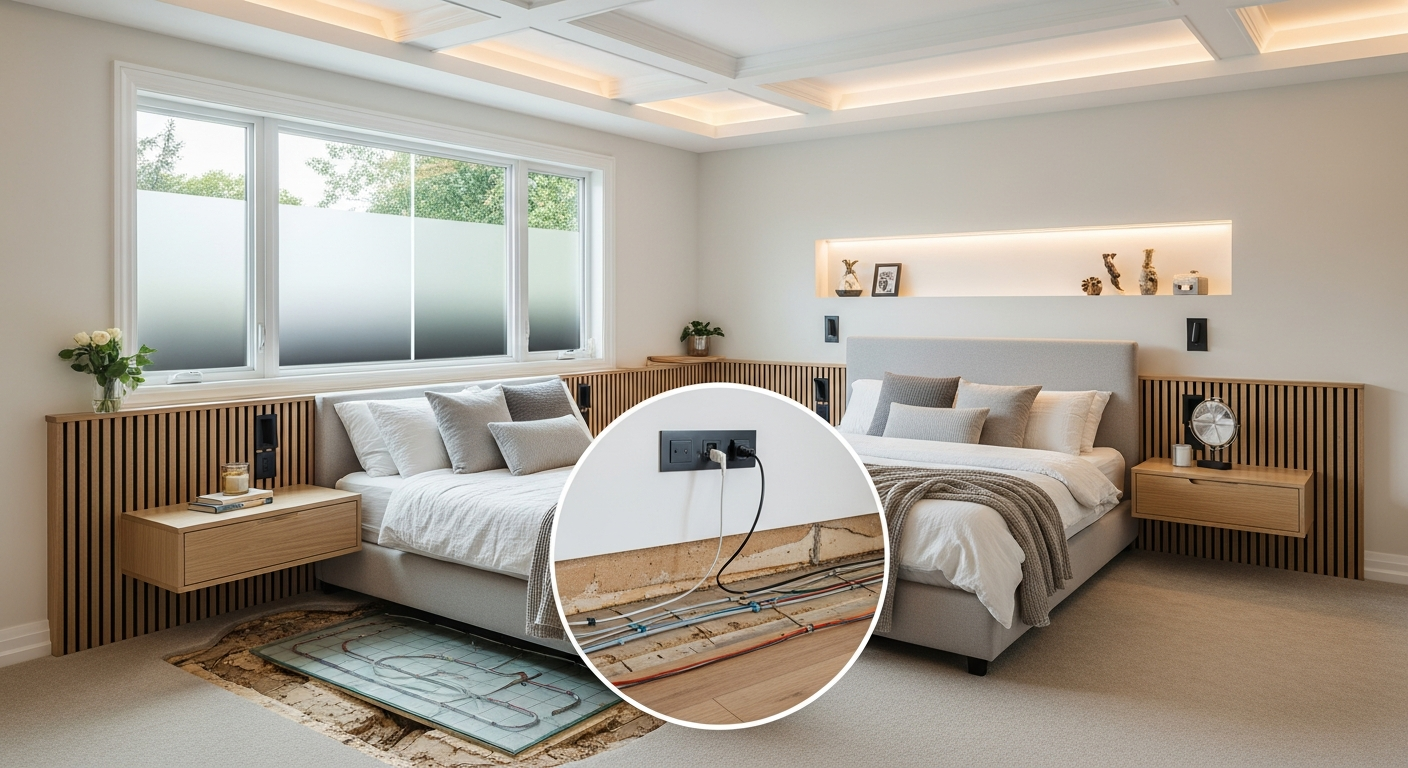 Remodeled bedroom with hardwood floors accent wall and recessed lighting