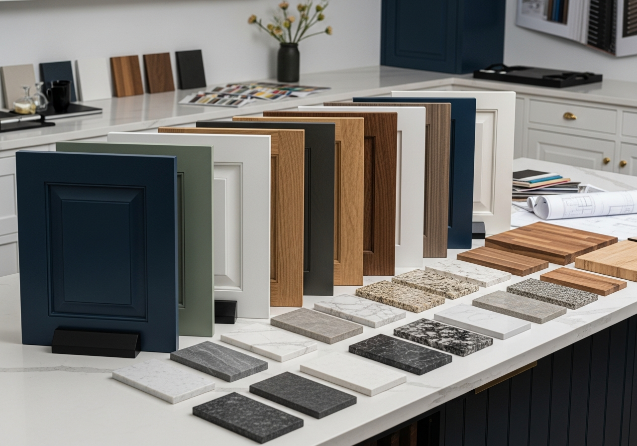 Kitchen cabinet samples and countertop materials laid out for selection