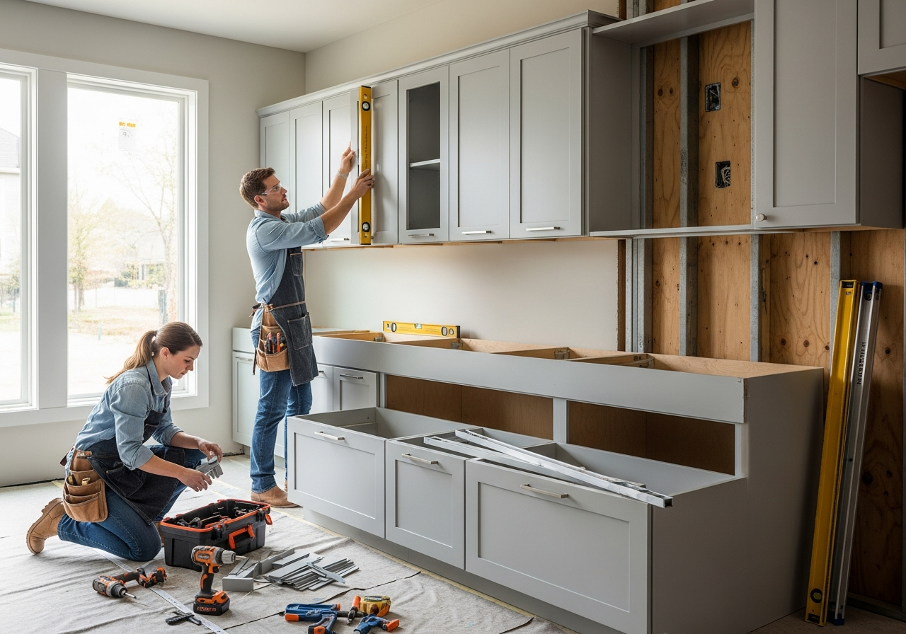 Kitchen cabinets being installed with level and shims during mid-remodel phase
