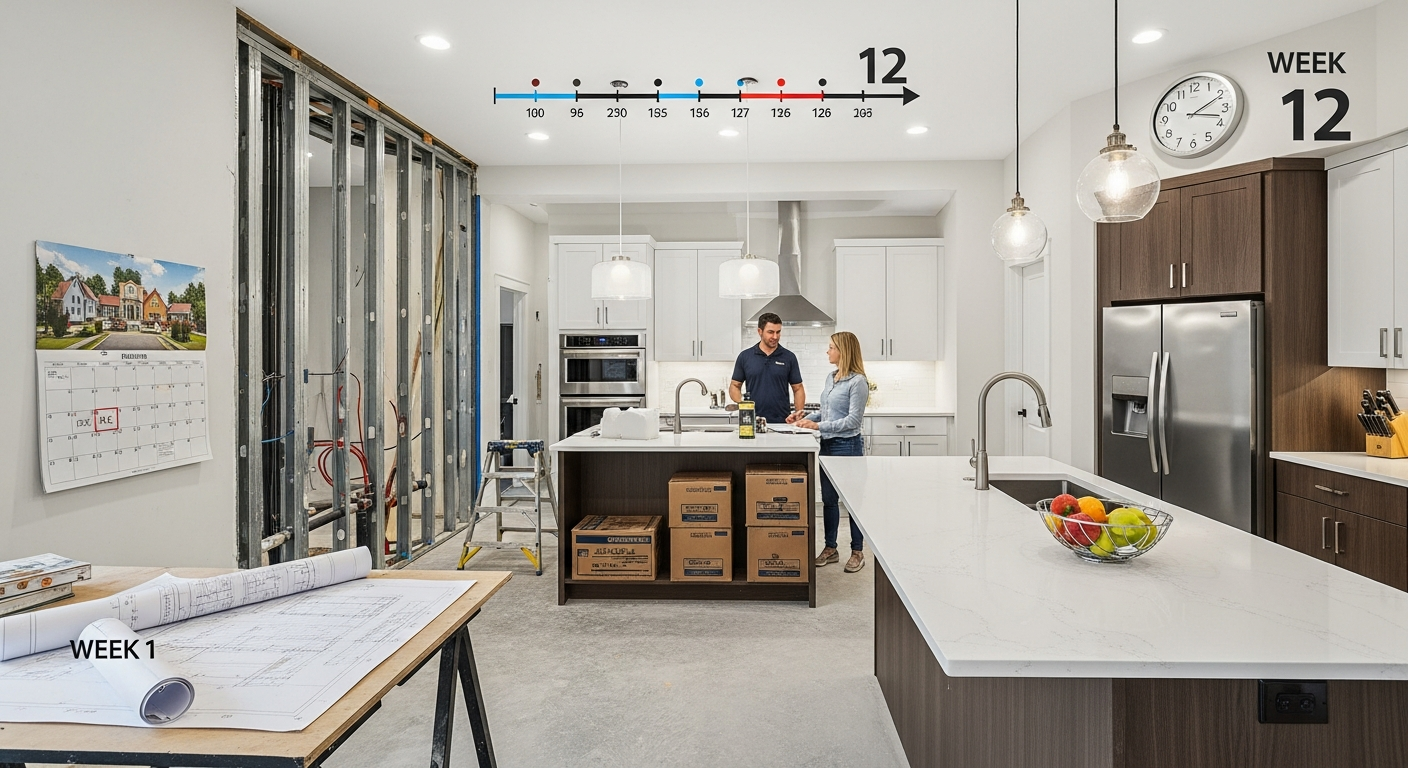 Kitchen remodel timeline infographic showing phases from planning through completion