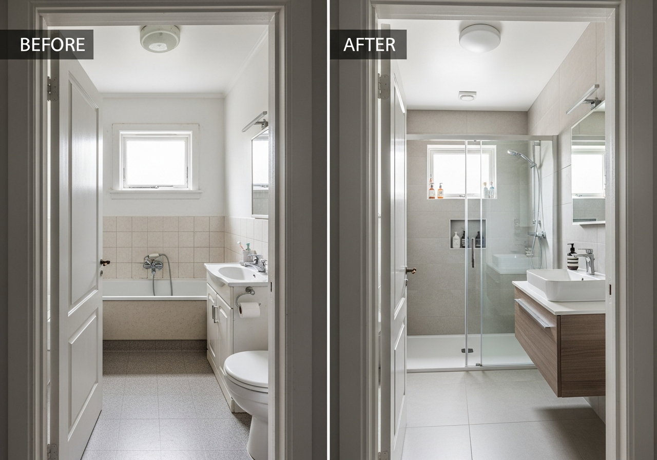 Before and after comparison of small bathroom converting tub to walk-in shower