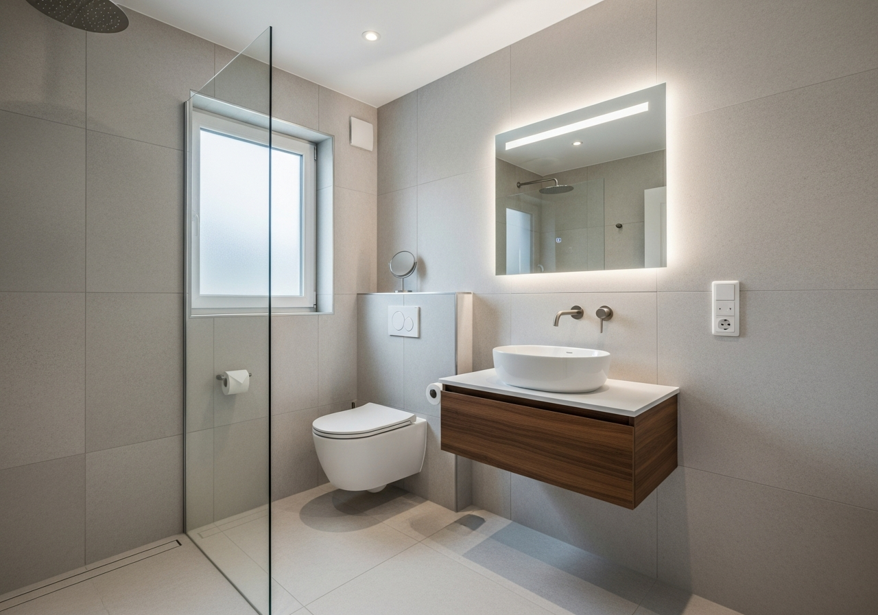 Small bathroom with large format light gray tiles running floor to ceiling
