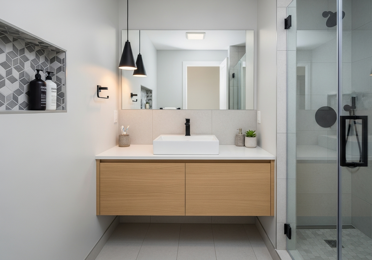 Completed small bathroom remodel with floating vanity, recessed niche, and pendant lighting