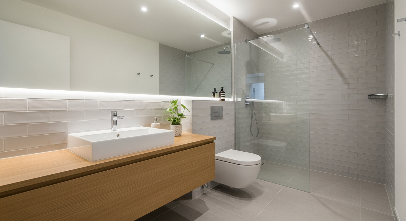Beautifully remodeled small bathroom with walk-in shower and floating vanity