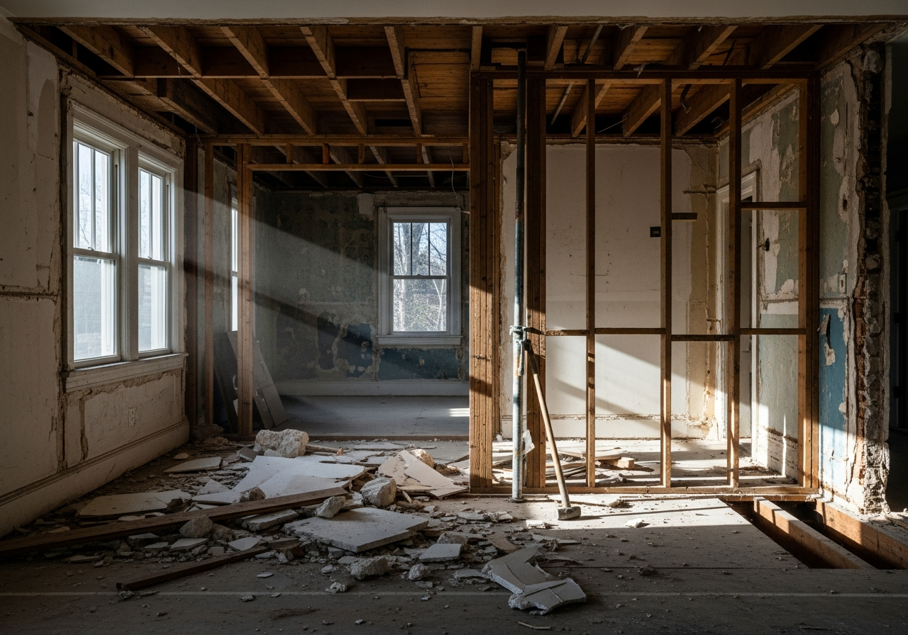 Interior demolition of a house remodel showing exposed framing and removed walls