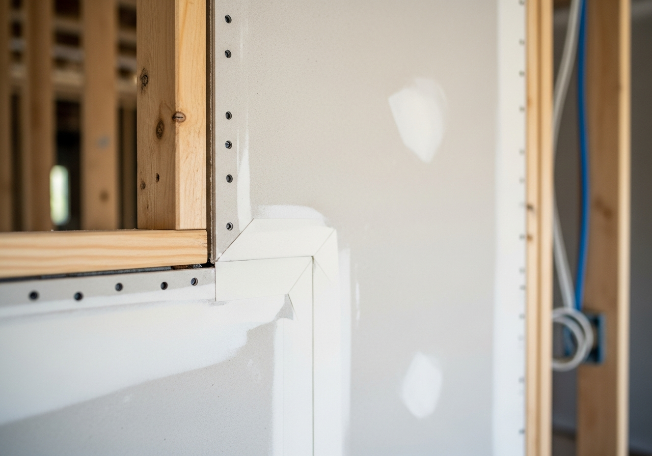 Drywall installation in a house remodel with taped seams and corner beads