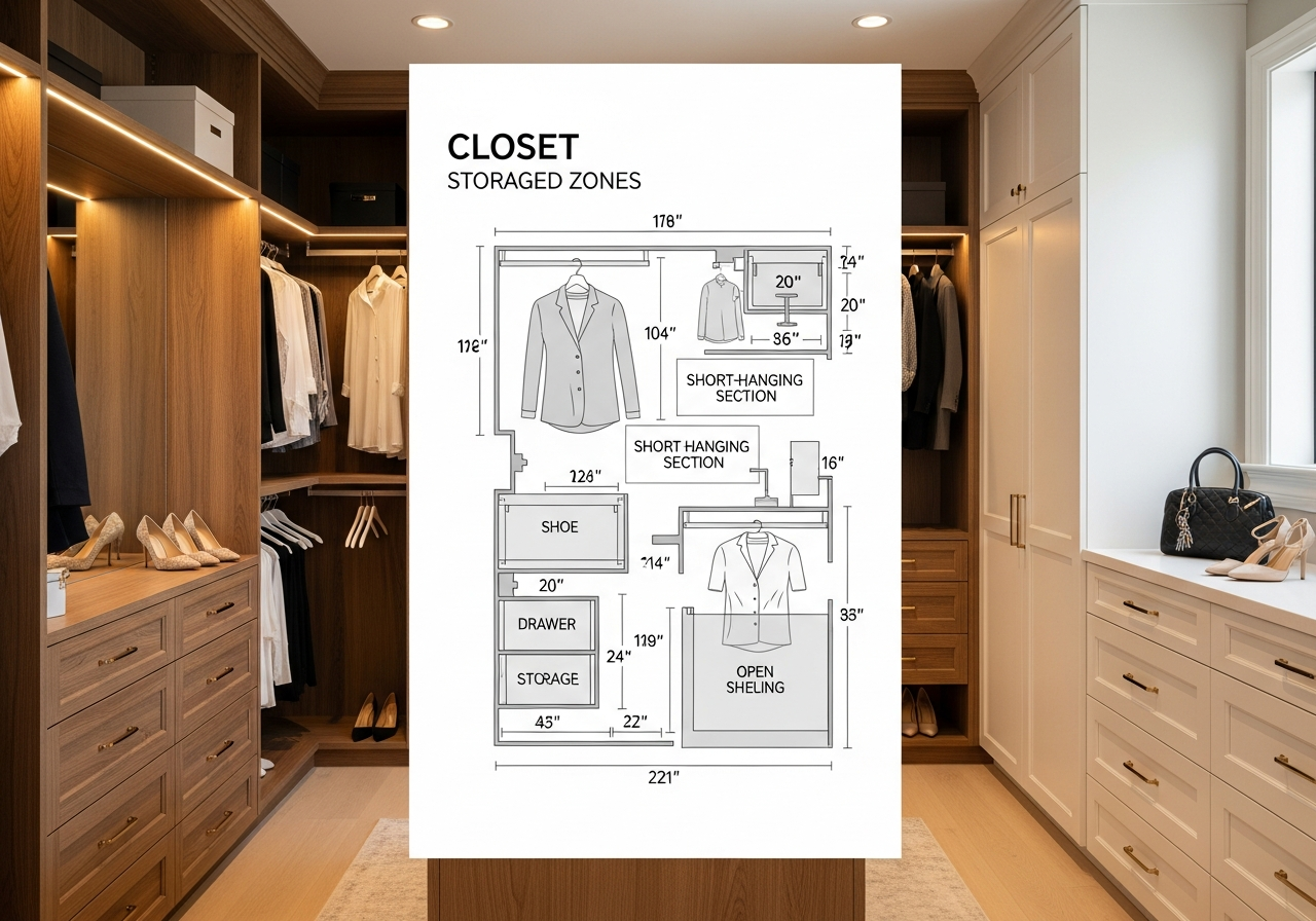 Closet layout diagram showing five storage zones with measurements