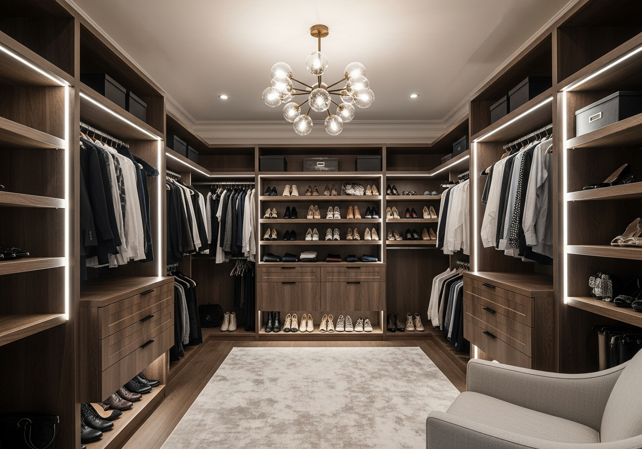 Walk-in closet with LED strip lighting under shelves and a central ceiling fixture
