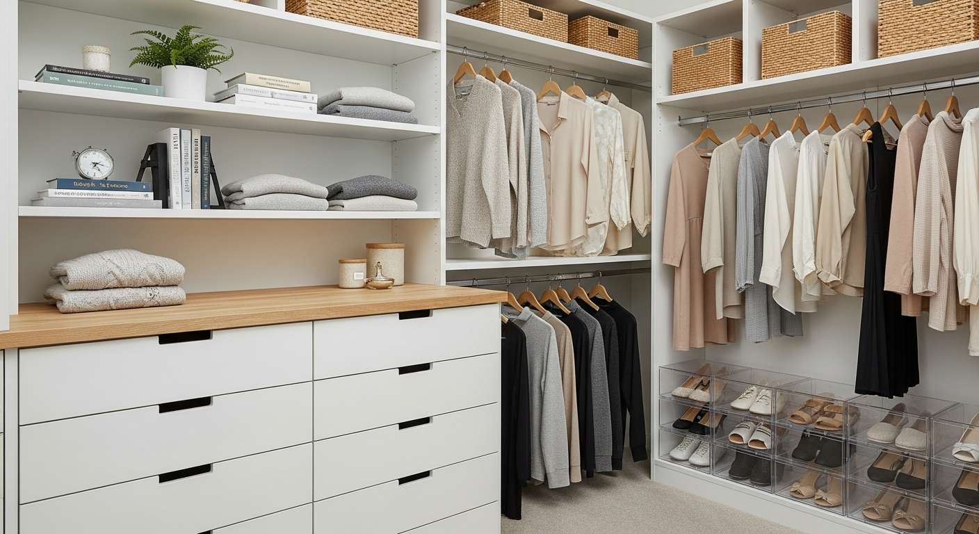 Organized walk-in closet with custom shelving, double-hung rods, and shoe storage