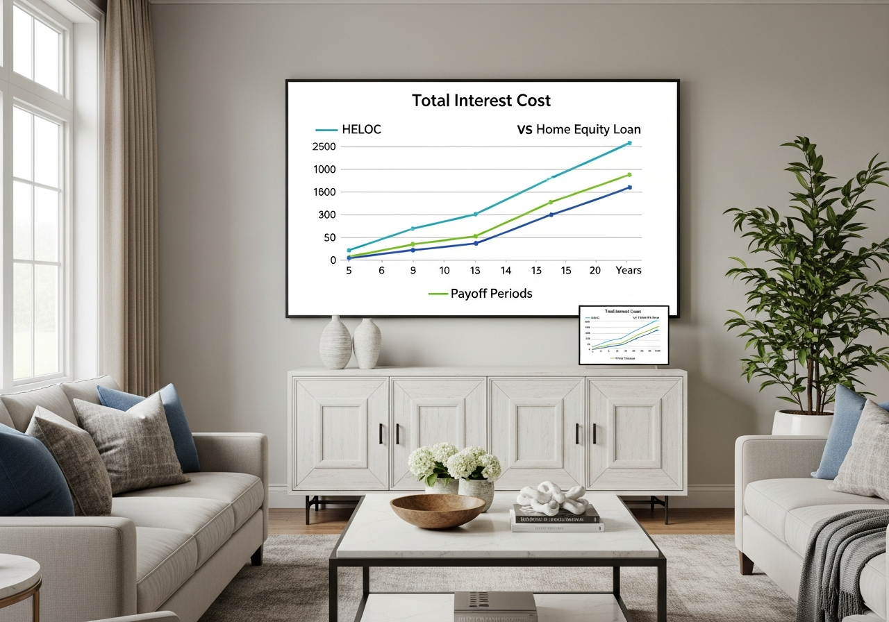 Graph comparing total interest cost of HELOC versus home equity loan over different payoff periods
