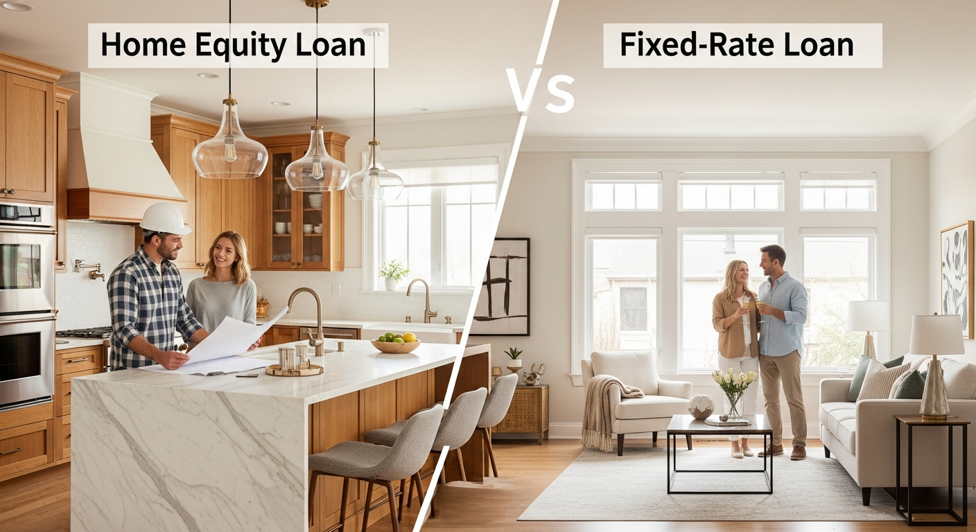 Homeowner comparing HELOC and home equity loan documents for remodel financing