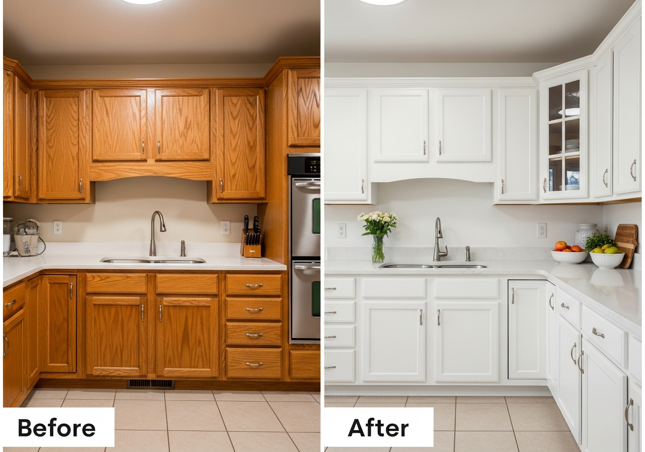 Before and after of painted kitchen cabinets showing transformation from oak to white