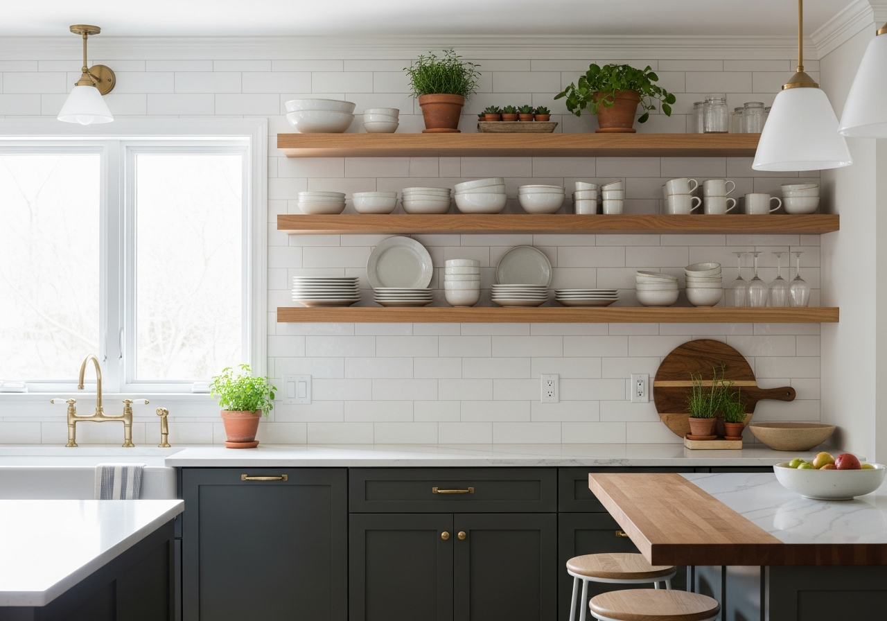 Kitchen with open wood shelving replacing upper cabinets displaying curated dishware and plants
