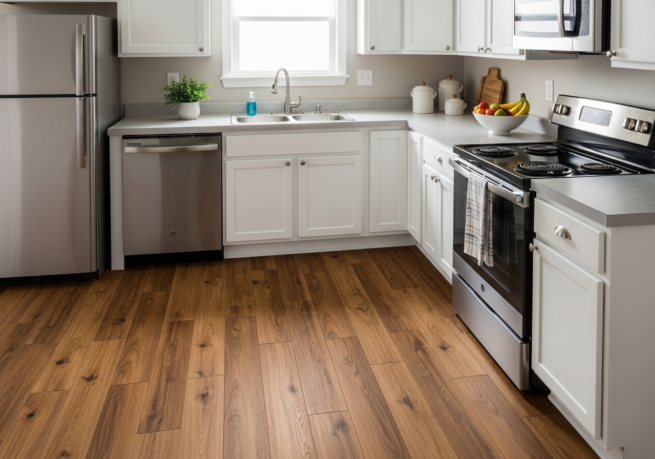 Luxury vinyl plank flooring installed in a budget kitchen remodel with wood-look finish