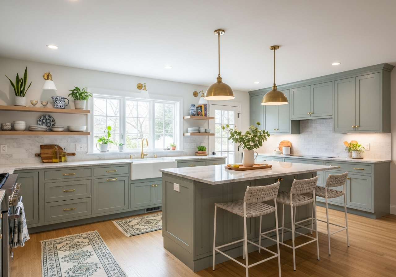 Completed budget kitchen remodel with painted cabinets, new countertops, and modern lighting