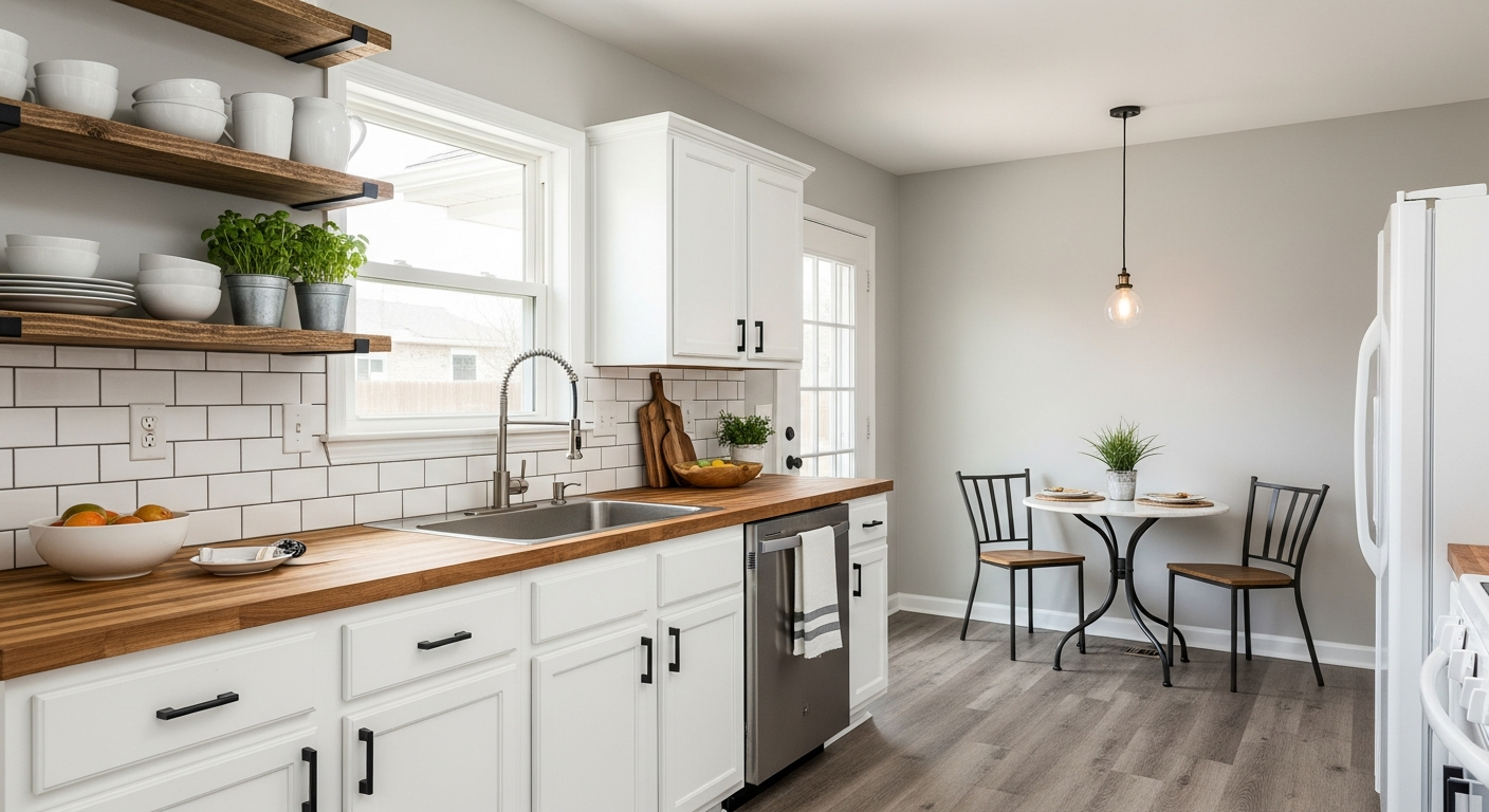 Budget kitchen remodel showing painted cabinets, new hardware, and subway tile backsplash