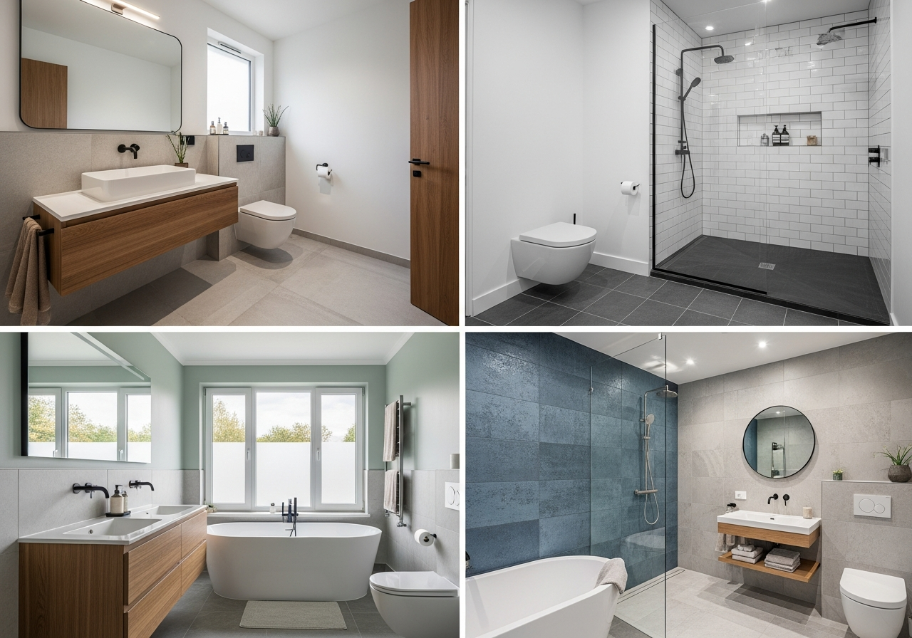 Four bathroom layout options showing one-wall, two-wall, L-shaped, and wet/dry zone configurations