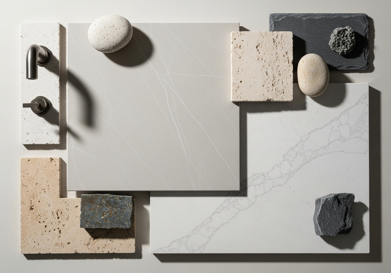 Bathroom material samples showing porcelain tile, quartz countertop, and natural stone accents