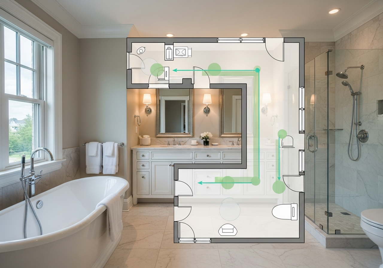 Bathroom traffic flow diagram showing optimal fixture positioning and circulation paths