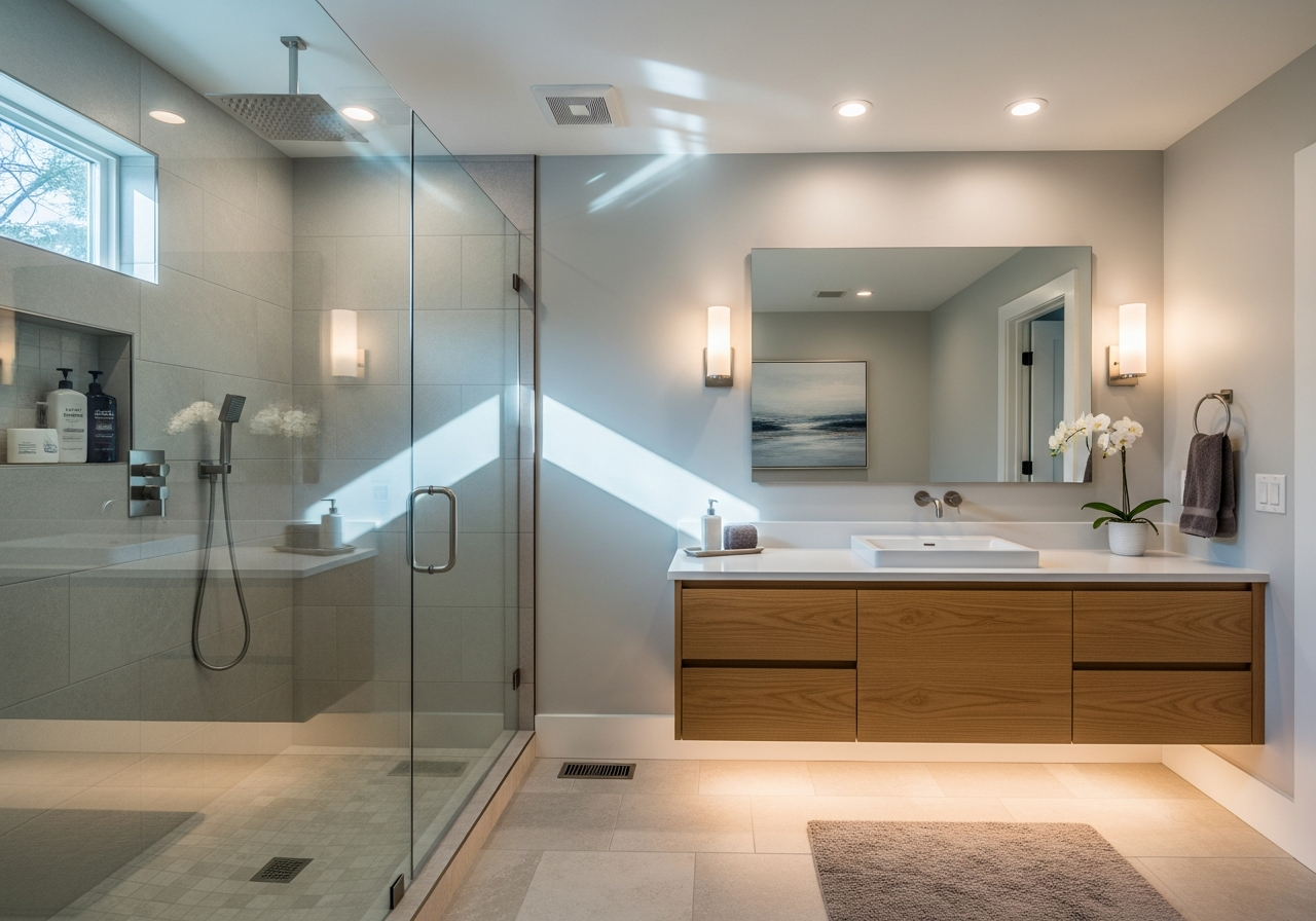 Completed bathroom remodel showing balanced layout with walk-in shower, floating vanity, and layered lighting