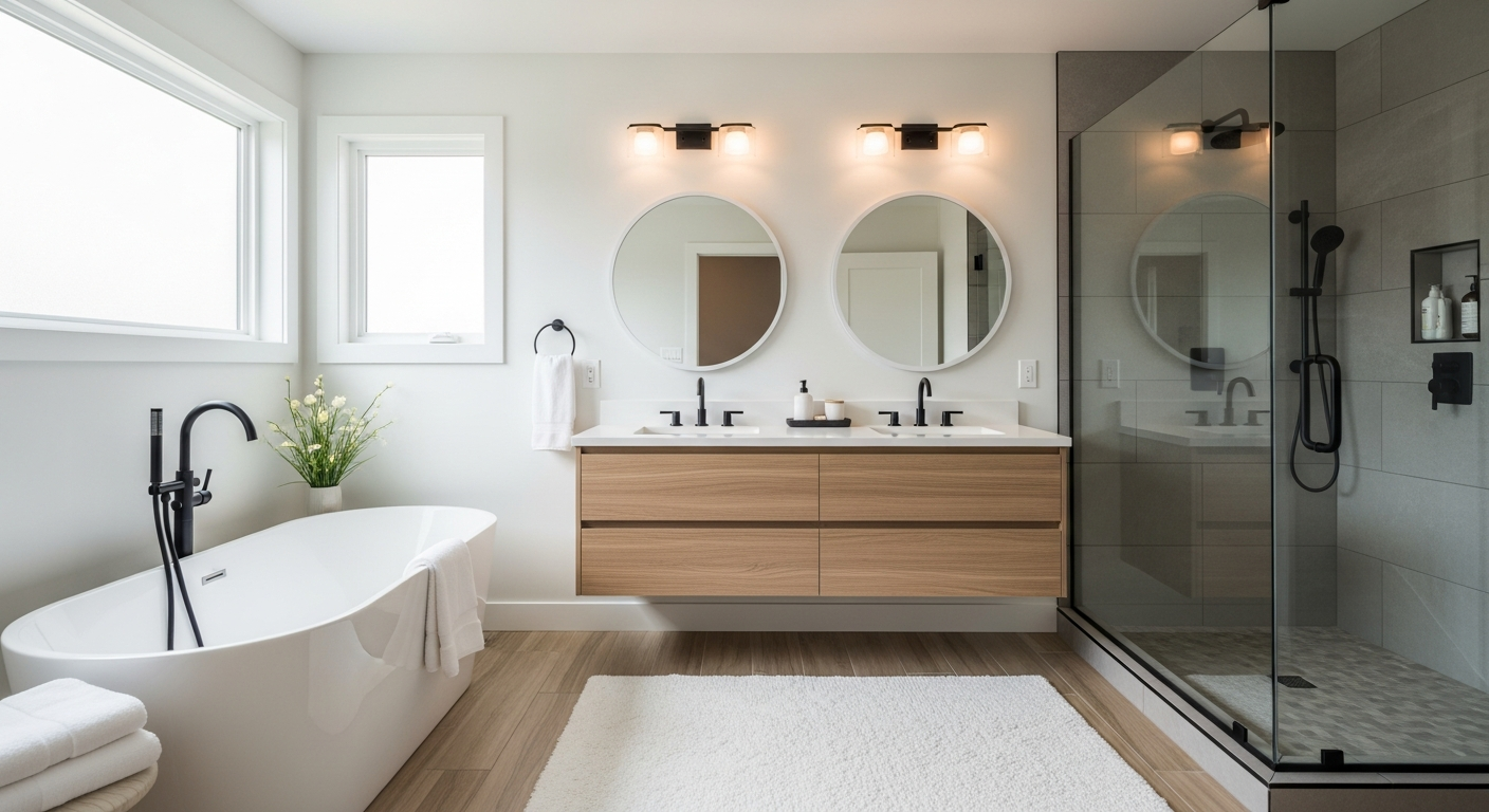Professional bathroom layout plan showing fixture placement with clearance dimensions